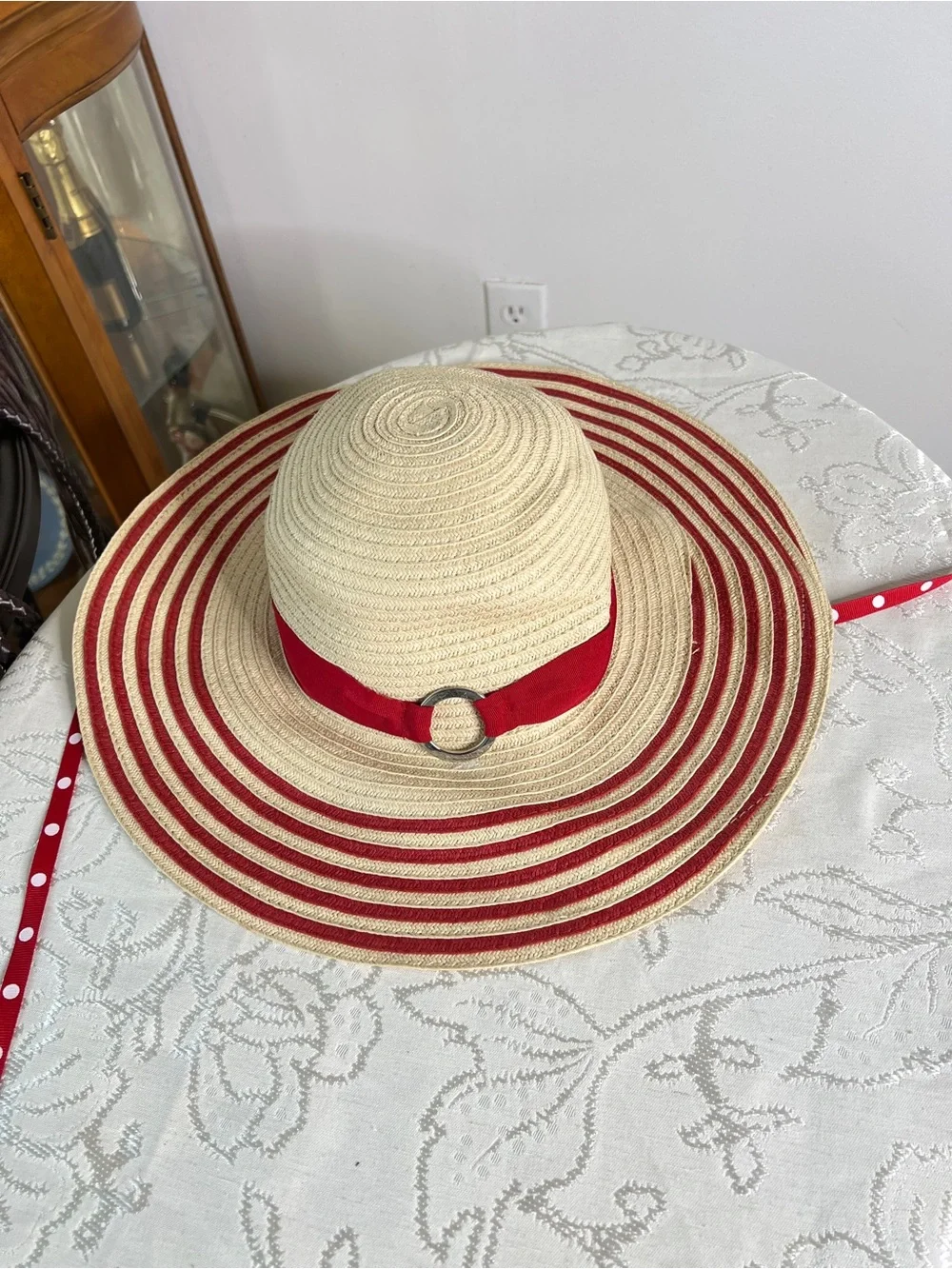 Vintage Red and Cream Wide-Brim Sun Hat - Picture 2 of 6